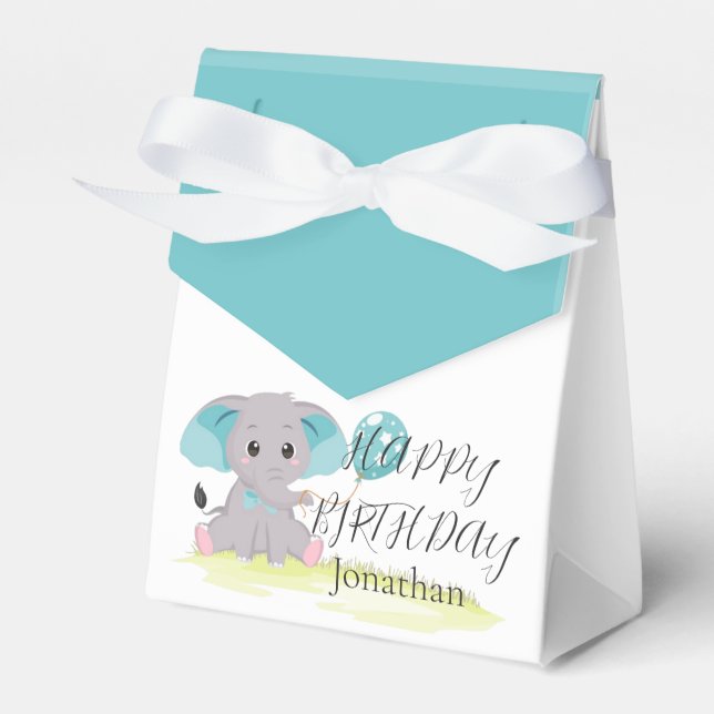 Cute Elephant Blue Birthday Boy Favour Box (Front Side)