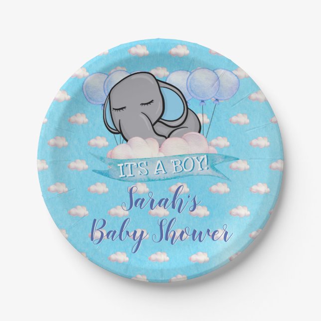 Cute Elephant Blue Boy Baby Shower Watercolor Paper Plate (Front)