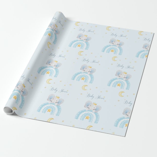 Cute elephant  blue boy baby shower  wrapping paper (Unrolled)