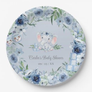Cute Elephant Blue Floral Baby Boy Baby Shower Paper Plate