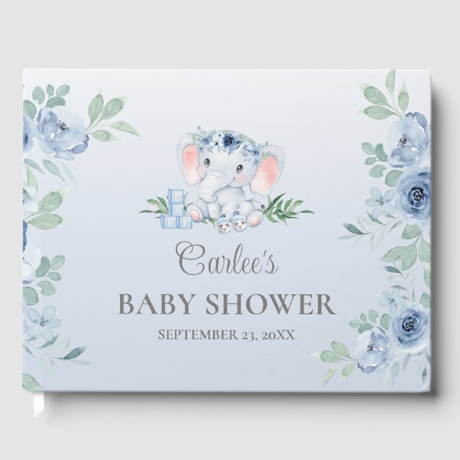 Cute Elephant Blue Floral Baby Shower Guest Book (Front)