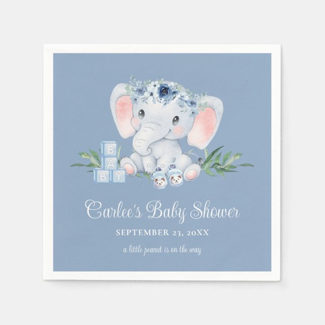 Cute Elephant Blue Floral Boy Baby Shower Napkin (Front)
