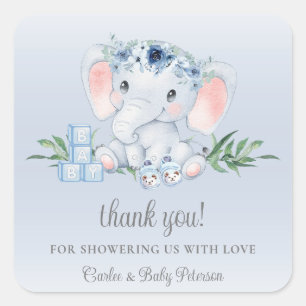 Cute Elephant Blue Floral Boy Baby Shower Sticker
