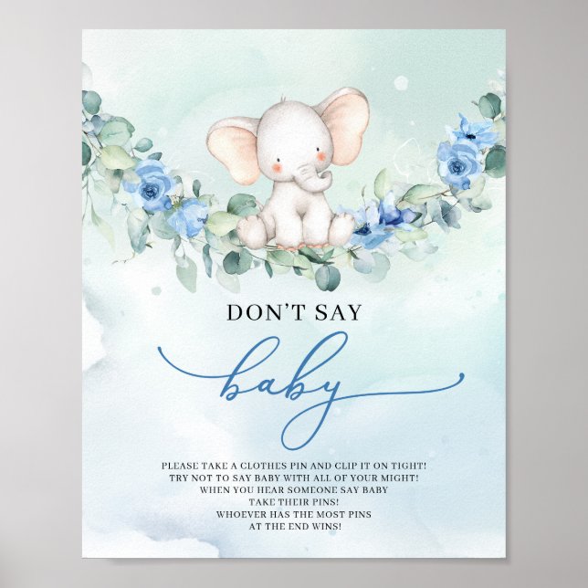 Cute Elephant blue flowers don't say baby game Poster (Front)