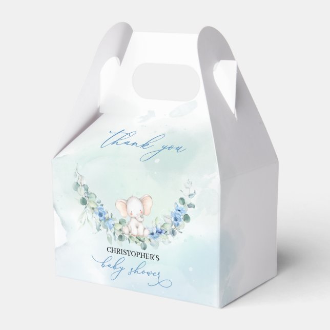 Cute elephant blue flowers eucalyptus wreath favour box (Front Side)