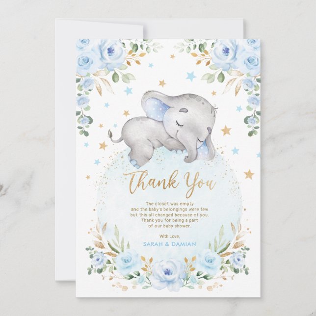 Cute Elephant Blue Gold Moon Stars Boy Baby Shower Thank You Card (Front)