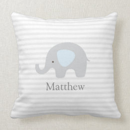 Cute Elephant Blue Grey Striped Boy  Throw Pillow