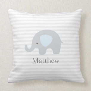 Cute Elephant Blue Grey Striped Boy  Throw Pillow