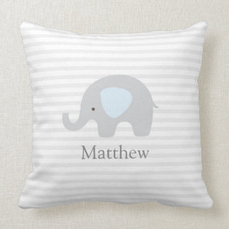 Cute Elephant Blue Grey Striped Boy  Throw Pillow
