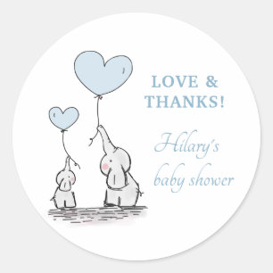 Cute Elephant Blue Heart Balloons Boy Baby Shower Classic Round Sticker