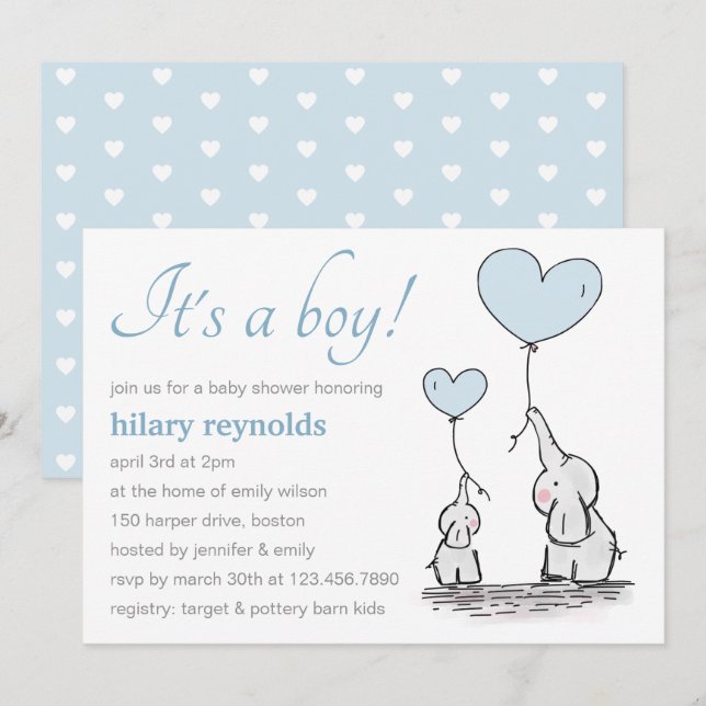 Cute Elephant Blue Heart Balloons Boy Baby Shower Invitation (Front/Back)