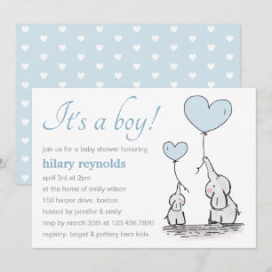 Cute Elephant Blue Heart Balloons Boy Baby Shower Invitation