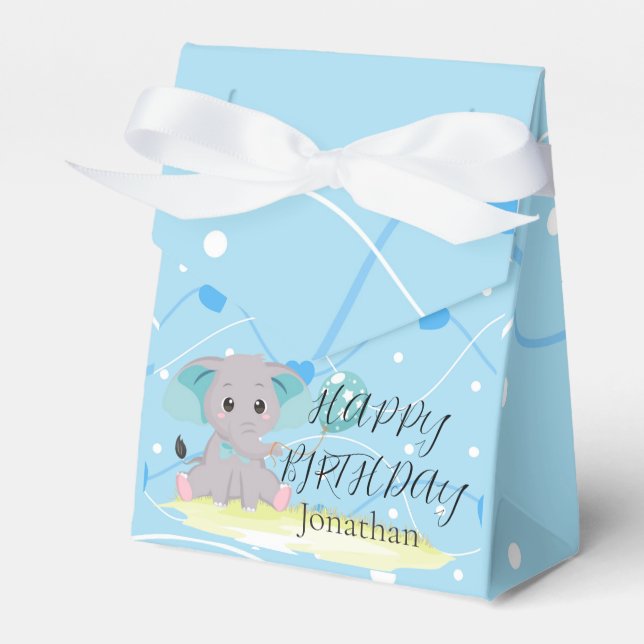 Cute Elephant Blue heart Birthday Boy Favour Box (Front Side)