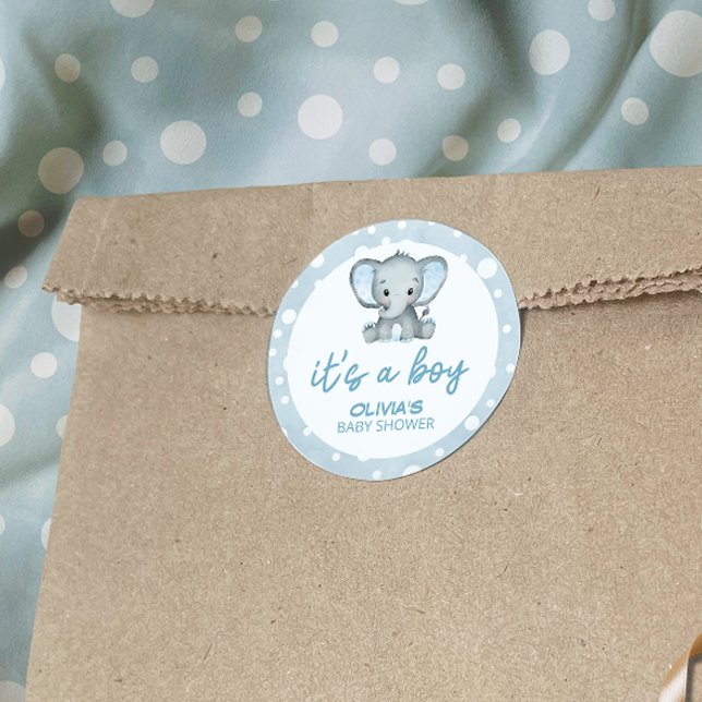 Cute Elephant blue It's a Boy Baby Shower Classic Round Sticker (Creator Uploaded)