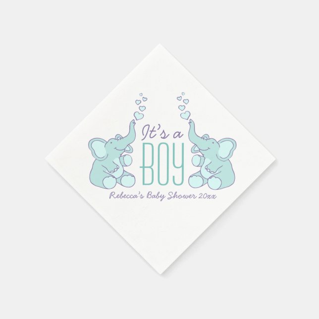 Cute Elephant blue named baby shower boy napkin (Corner)