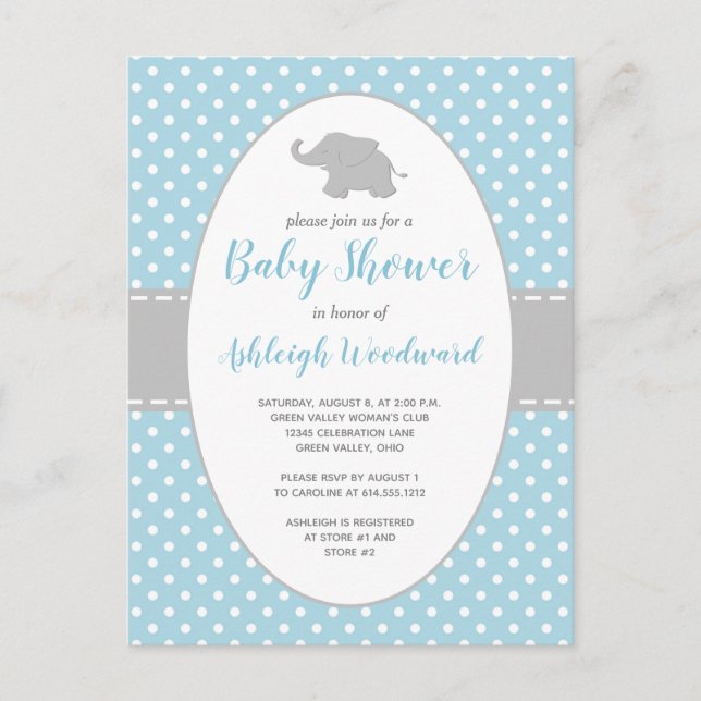 Cute Elephant Blue Polka Dot Boy Baby Shower Invitation Postcard (Front)