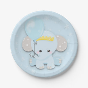 Cute Elephant Blue Stars Boy Baby Shower Paper Plate