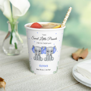 Cute Elephant Blue Twin Boys Baby Shower Paper Cups