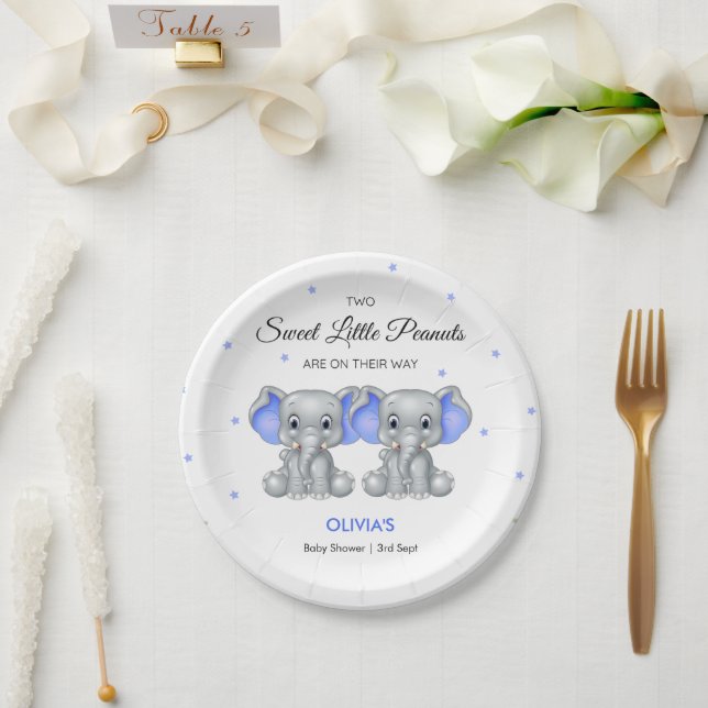 Cute Elephant Blue Twin Boys Baby Shower  Paper Plate (Wedding)