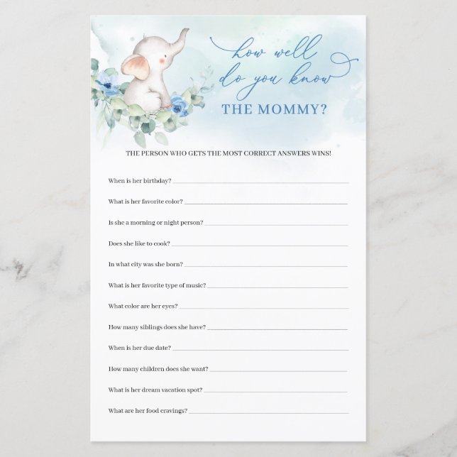 Cute elephant blue Well Do You Know The Mummy game (Front)