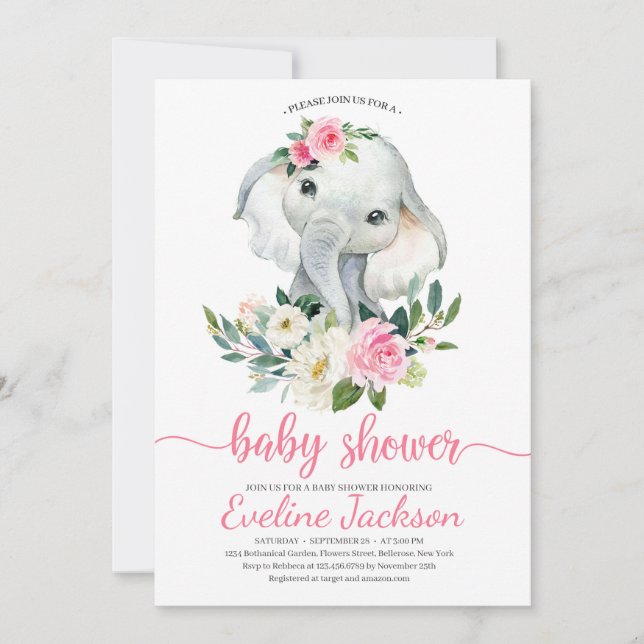 Cute Elephant Blush Pink Floral Baby Shower Invite (Front)