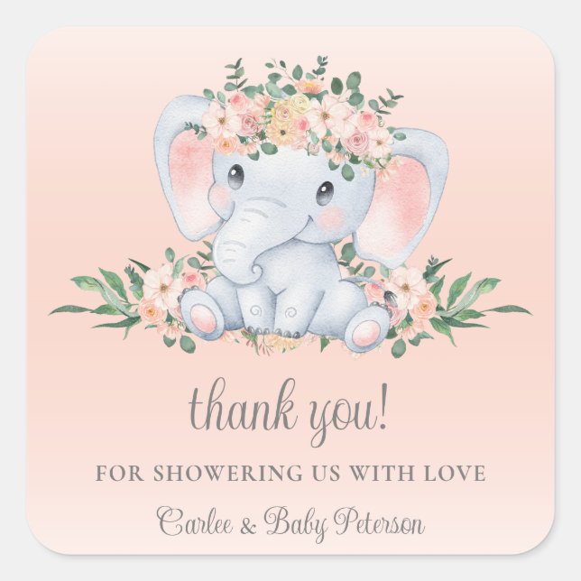 Cute Elephant Blush Pink Floral Girl Baby Shower Square Sticker (Front)