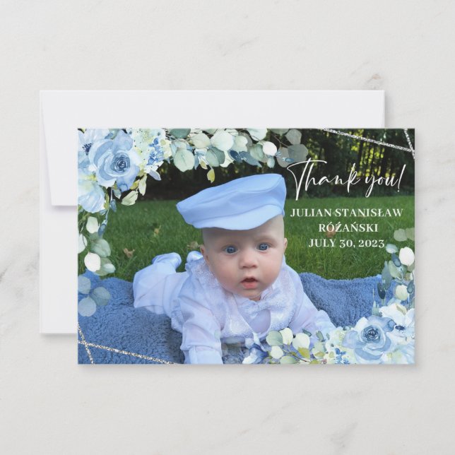 Cute elephant blush roses eucalyptus gold sparkles thank you card (Front)