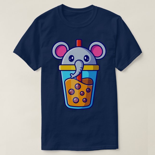 Cute Elephant Boba Milk Tea Cartoon T-Shirt (Design Front)