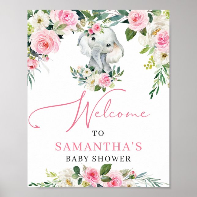 Cute elephant boh blush pink floral baby shower poster (Front)