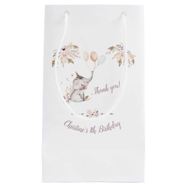 Cute Elephant Boho Floral Custom Year Birthday Small Gift Bag (Front)