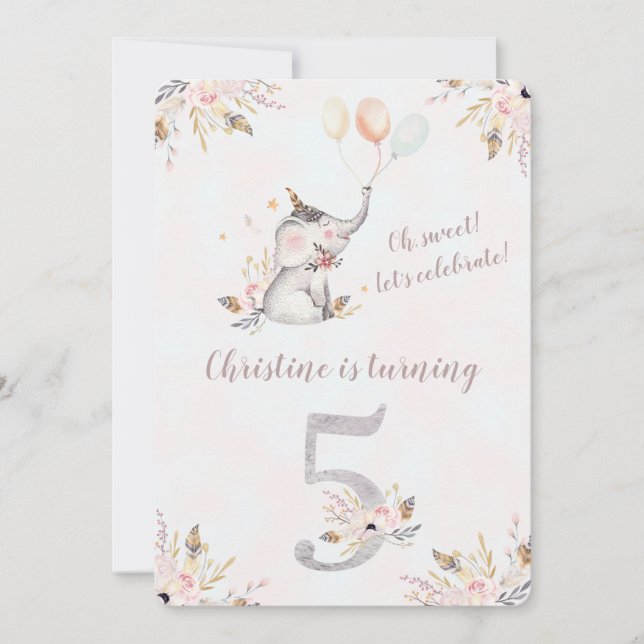 Cute Elephant Boho Floral Fifth Birthday Invite (Front)