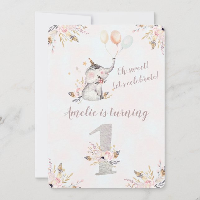 Cute Elephant Boho Floral First Birthday Invite (Front)
