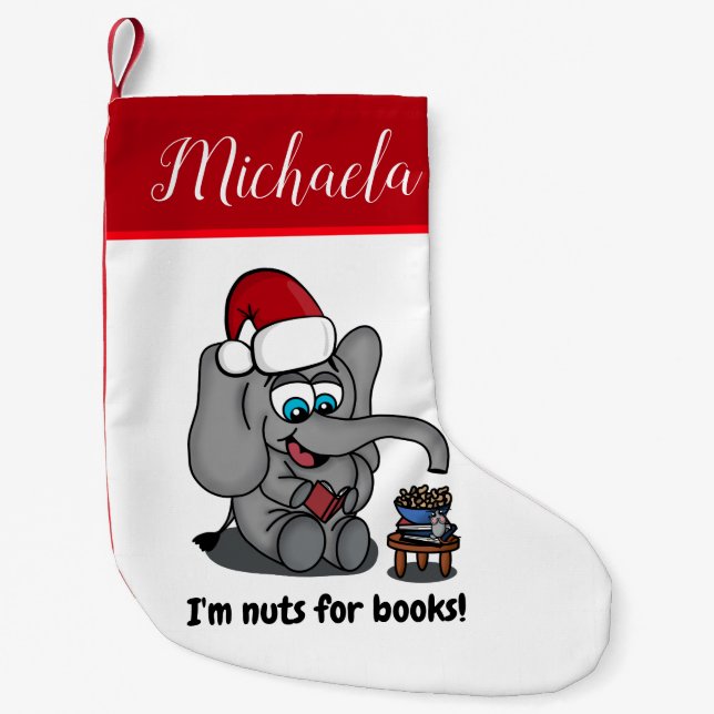 Cute Elephant Book Lover Illustrated Small Christmas Stocking (Front)