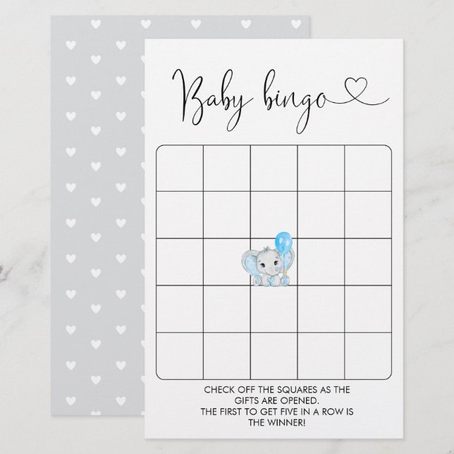 Cute Elephant Boy Baby Shower Bingo Game (Front/Back)