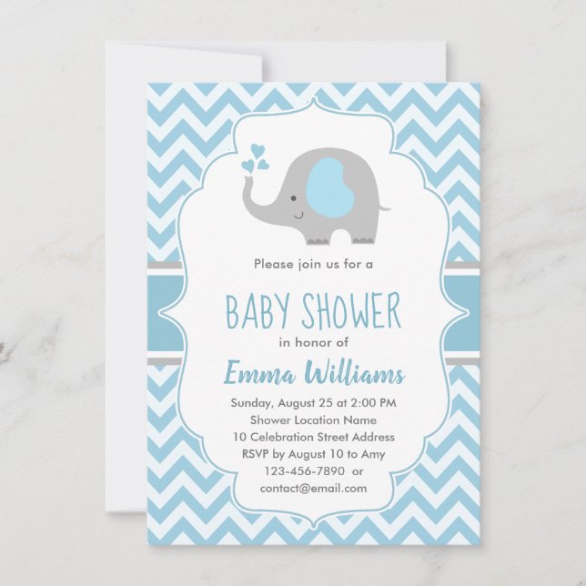 Cute Elephant Boy Baby Shower Blue Grey Chevron Invitation (Front)