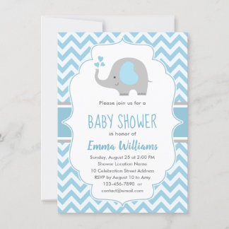 Cute Elephant Boy Baby Shower Blue Grey Chevron Invitation