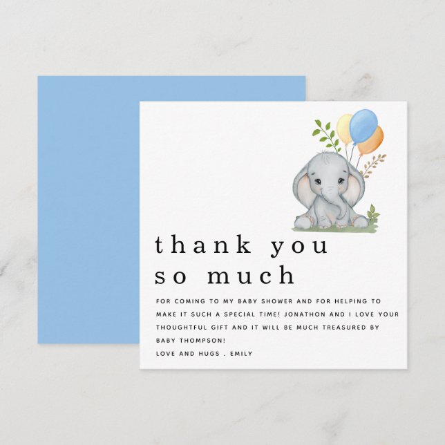 Cute Elephant Boy Baby Shower Blue Thank You Card (Front/Back)