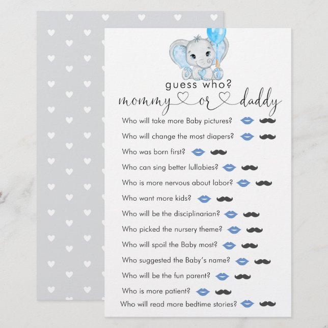Cute Elephant Boy Baby Shower "Guess Who" Game (Front/Back)