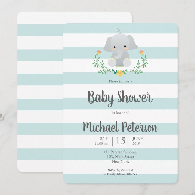 Cute elephant boy baby shower invitation (Front/Back)