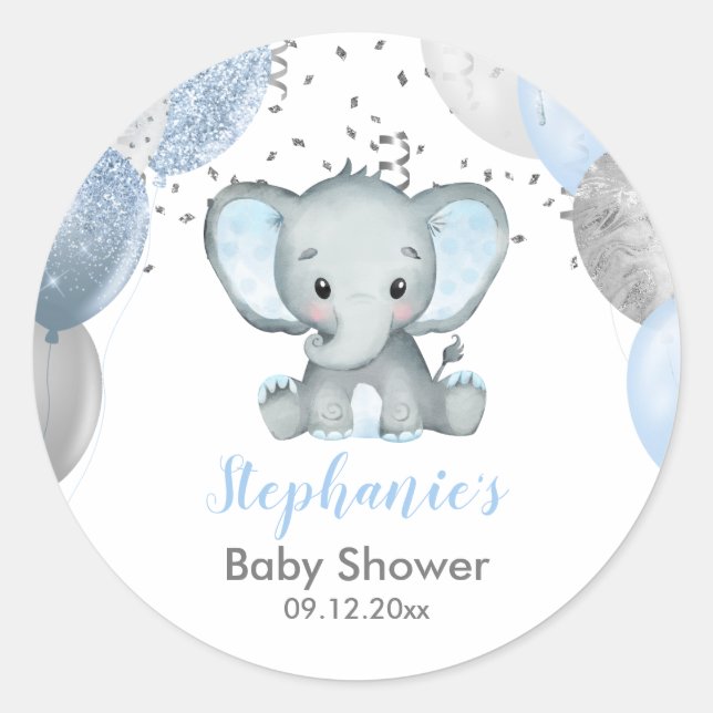 Cute Elephant Boy Balloons Baby Shower Classic Round Sticker (Front)