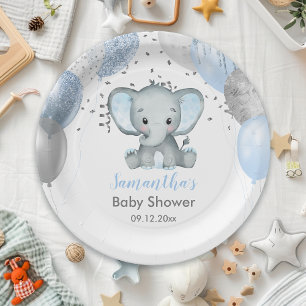 Cute Elephant Boy Balloons Baby Shower Paper Plate
