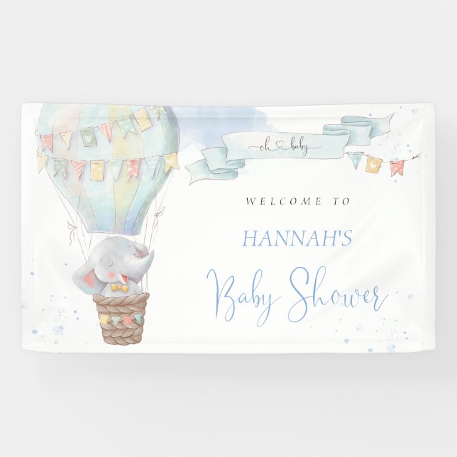 Cute Elephant Boy Blue Baby Shower Banner (Horizontal)