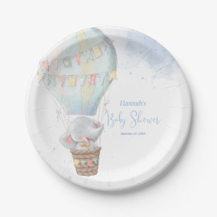 Cute Elephant Boy Blue Baby Shower Paper Plate