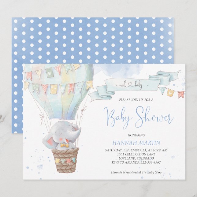 Cute Elephant Boy Blue Hot Air Balloon Baby Shower Invitation (Front/Back)