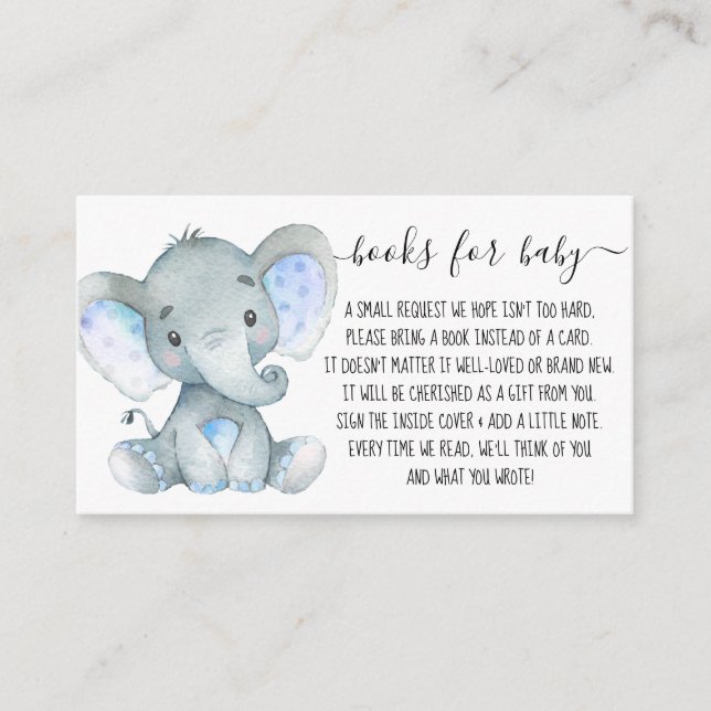 Cute Elephant Boy Book Request for Baby Shower Enclosure Card (Front)