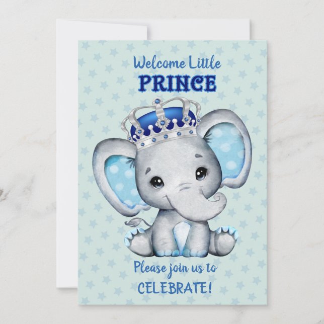Cute Elephant Boy Prince Baby Shower Invitation (Front)