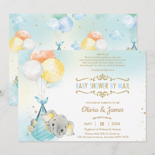 Cute Elephant Boy Virtual Baby Shower by Mail Invitation (Front/Back)