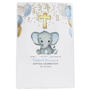 Cute Elephant Boys Balloon Baptism Medium Gift Bag