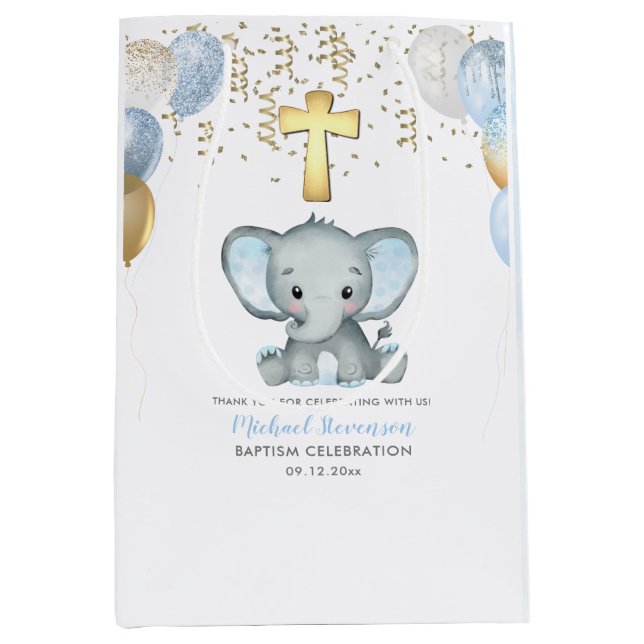 Cute Elephant Boys Balloon Baptism Medium Gift Bag (Front)