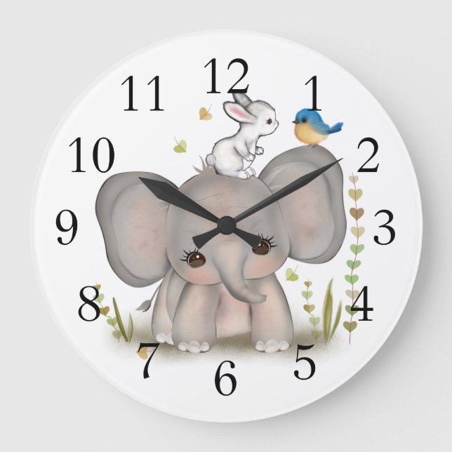 Cute Elephant Bunny Nursery Wall Clock (Front)